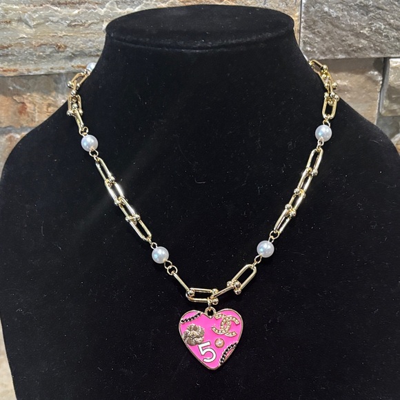 Upcycled Jewelry - Gold-Plated & Pearl Chain Necklace with Designer Pink Heart Pendant
